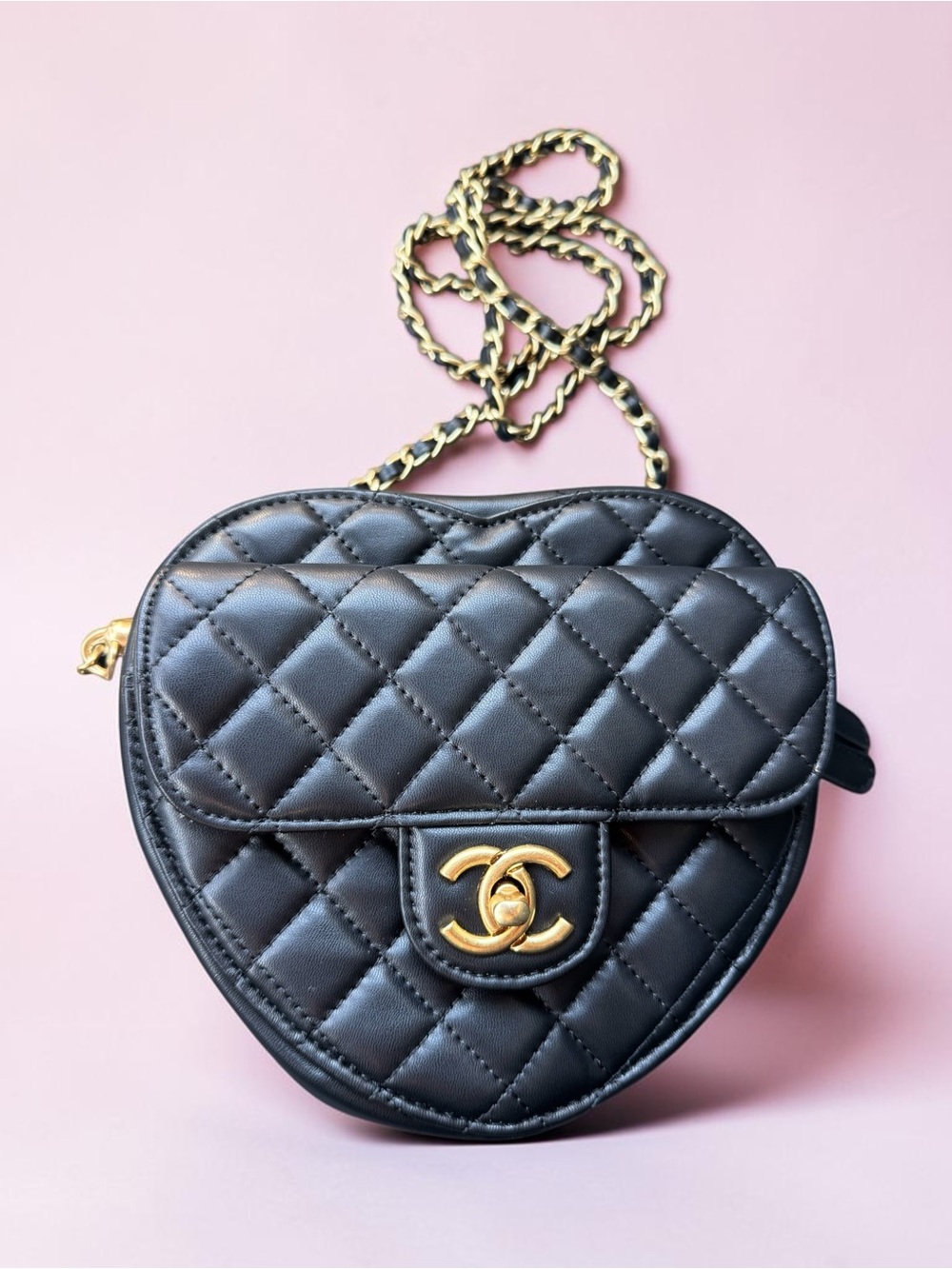 CHANEL Black Quilted Heart Crossbody with Gold Chain and CC Lock